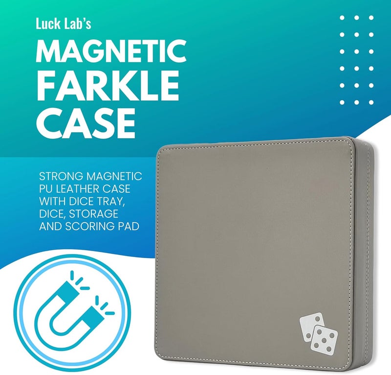 Luck Lab Farkle Dice Tray and Storage Case - Includes Embedded Scoring Combinations, 2 Sets of 6 Pearl Dice, 40 Sheet Score Pad and Pen Holder for The Classic Family Game (Grey and Turquoise) - Image 2